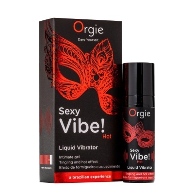Gel íntimo líquido Orgie Sexy Vibe! Hot em embalagem preta com máscara vermelha