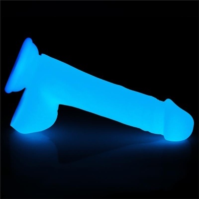 Produto em forma de pênis azul fluorescente com textura lisa
