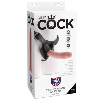 Embalagem de arnês Strap-On com dildo e arnês preto
