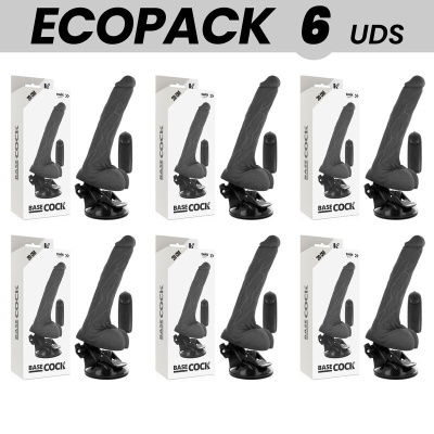 Seis dildos pretos texturizados com base de sucção em caixas brancas etiquetadas como BASE COCK.