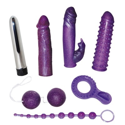 Conjunto de brinquedos sexuais em silicone roxo e vibrador metálico