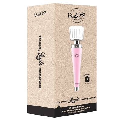 Embalagem e varinha de massagem rosa clara com botão circular