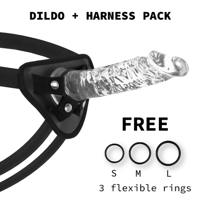 Pack de dildo transparente com arnês preto e 3 anéis flexíveis
