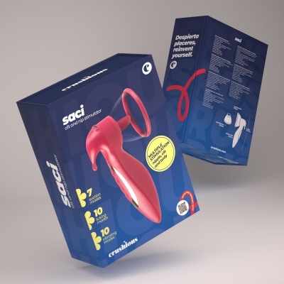 Embalagem azul de estimulador rosa para clitóris e mamilos com texto múltiplos modos e instruções multilíngues.