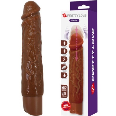 Dildo castanho texturizado realista ao lado da embalagem roxa e branca com texto PRETTY LOVE Kessler