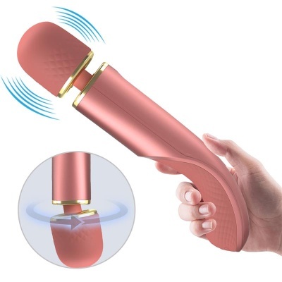 Dispositivo de massagem rosa com cabeça arredondada texturizada em silicone e detalhes dourados