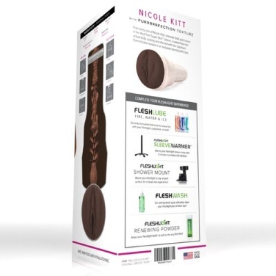 Embalagem branca do produto Nicole Kitt com texto e imagens dos acessórios Fleshlight