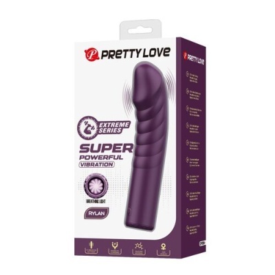 Embalagem de vibrador roxo Pretty Love Extreme Series com texto e ícones