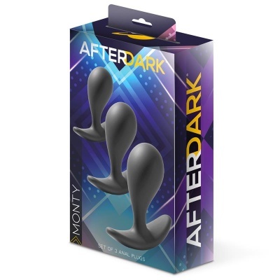 Conjunto de 3 plugs anais pretos em silicone em embalagem colorida com texto AFTER DARK, MONTY