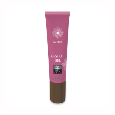 Frasco de gel rosa com tampa castanha e texto e padrões decorativos