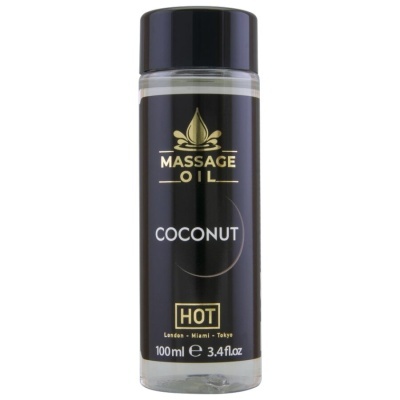 Frasco de óleo para massagem sabor coco com rótulo preto e dourado