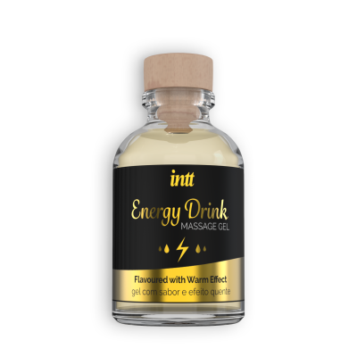 Frasco de gel de massagem Energy Drink com tampa de madeira e rótulo preto e dourado
