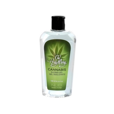 Frasco transparente com gel deslizante de canábis e rótulo verde