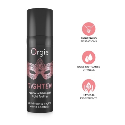 Frasco preto de produto vaginal Orgie TIGHTEN com máscara rosa e ícones explicativos ao lado