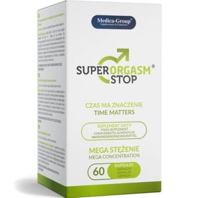 Embalagem branca e verde de suplemento SUPER ORGASM STOP com texto multilingue e símbolo masculino