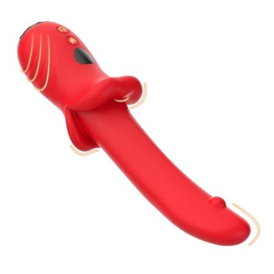 Vibrador vermelho com botões e textura lisa em fundo branco