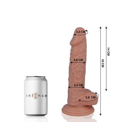 Dildo cor pele com medidas ao lado de uma lata branca com o texto int©nse
