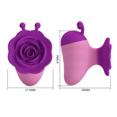 Produto em silicone em forma de caracol roxo e rosa com texto de medidas.