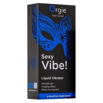 Embalagem preta com máscara azul e texto do gel íntimo Sexy Vibe!
