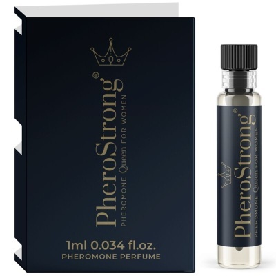 Embalagem e frasco pequeno de perfume PheroStrong com etiqueta preta e texto dourado.