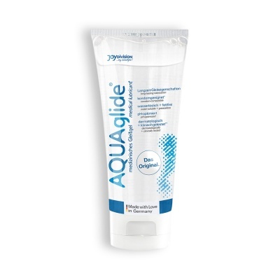 Tubo de gel lubrificante AQUAglide em plástico transparente com texto azul