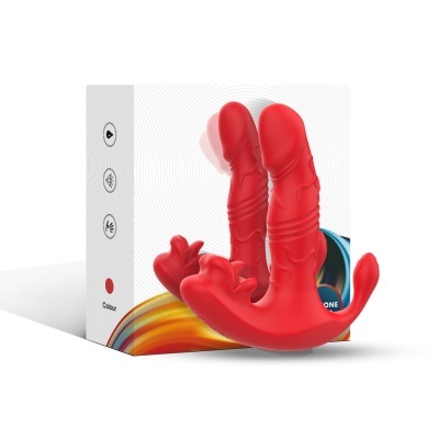 Brinquedo erótico vermelho com duas pontas e texturas, sobre embalagem colorida