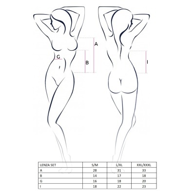 Desenho de figura feminina com indicações de medidas e tabela de tamanhos LENZA SET