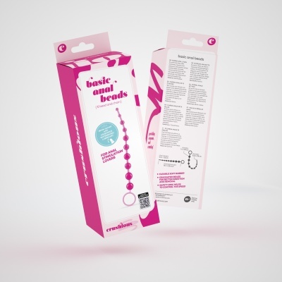 Embalagem rosa e branca de basic anal beads com texto multilíngue e ilustração de uma corrente de contas rosa.