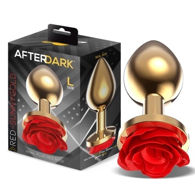 Plug anal metálico dourado com flor vermelha em silicone e embalagem preta