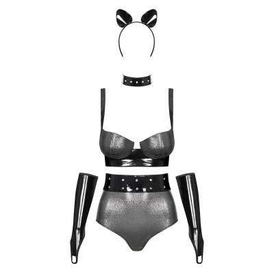 Conjunto preto e cinza metalizado com sutiã, calcinha alta, luvas longas e tiara com orelhas pretas