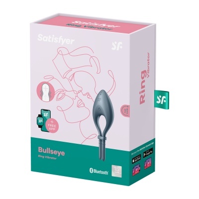 Caixa do vibrador Bullseye Ring Vibrator da marca Satisfyer, com design rosa e verde e imagem do produto cinza