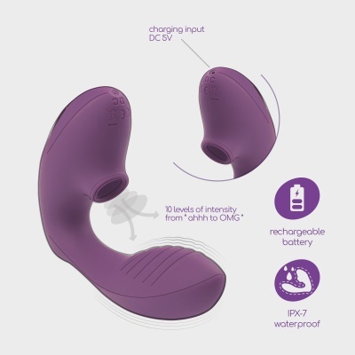 Dispositivo sexual roxo com entrada de carregamento DC 5V e indicadores CE e reciclagem
