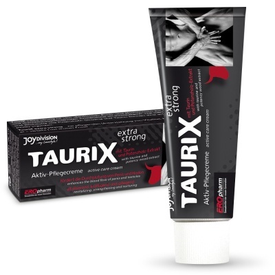 Creme ativo TAURIX extra strong em tubo e caixa preta com texto e imagem de torso masculino