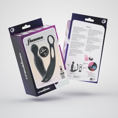 Embalagem de vibrador próstata preta com texto e imagens do produto