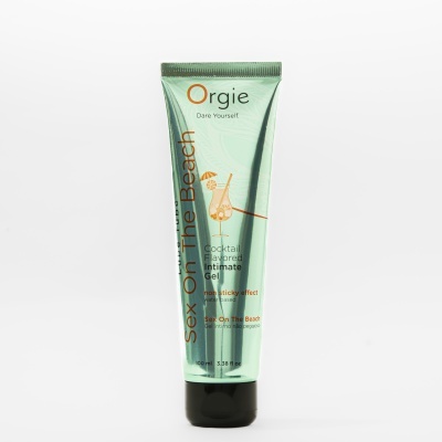 Frasco de gel íntimo verde metálico com tampa preta e texto colorido
