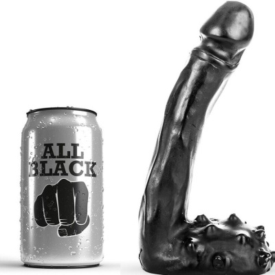 Lata prata com texto ALL BLACK e um punho, ao lado de objeto preto com textura irregular.