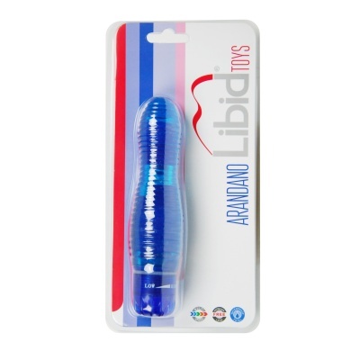 Vibrador azul translúcido na embalagem com texto Libid TOYS e ARANDANO
