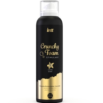 Frasco de espuma estimulante preto e dourado com tampa transparente e texto vanilla scent.