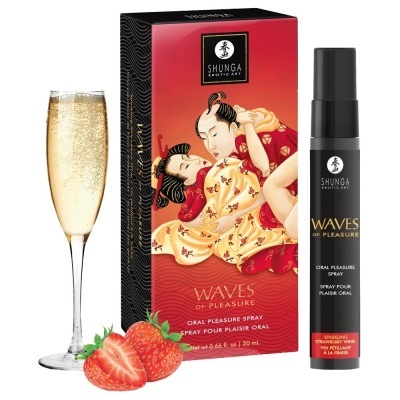 Spray oral Shunga Waves of Pleasure com caixa artística, taça de champanhe e morangos