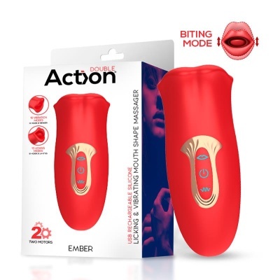 Dispositivo massajador vermelho de silicone com caixa ilustrada