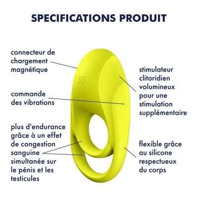 Anel vibratório amarelo com especificações do produto em francês