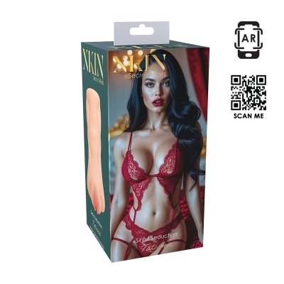 Caixa de produto com imagem de mulher em lingerie vermelha e texto XKIN Secret Affairs