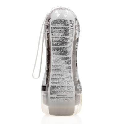 Produto em embalagem plástica transparente com texto multilíngue e objeto preto interior