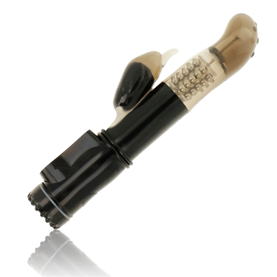 Vibrador preto com acessório em forma de coelho, detalhe translúcido e texturizado.