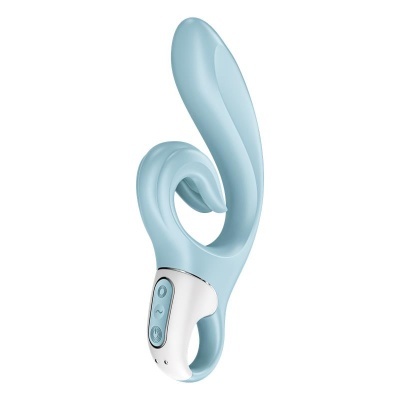 Vibrador azul claro com controlador branco e três botões