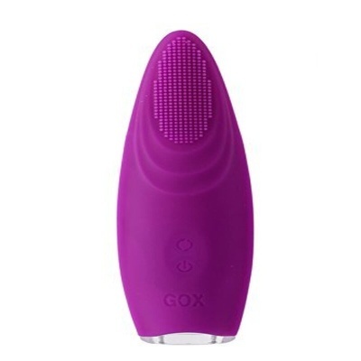 Dispositivo de higiene facial roxo com cerdas e botões