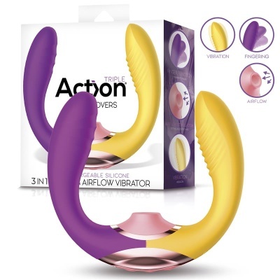 Vibrador recarregável em silicone roxo e amarelo com embalagem