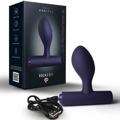 Plug recarregável roxo com cabo USB ao lado da embalagem preta
