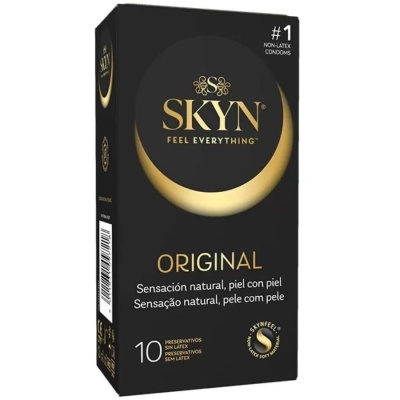 Embalagem preta de preservativos SKYN ORIGINAL com texto em dourado e branco