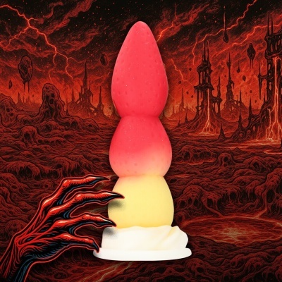 Brinquedo de silicone colorido com fundo ilustrado vermelho e preto e mão vermelha e preta
